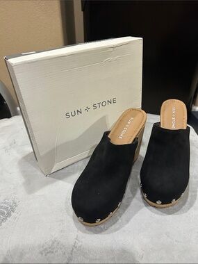 Sun + Stone Black Suede Studded Clog Mules with Wood-Look Platform